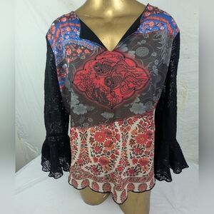 Laura G. Bohemian Style Blouse Black Lace Bell Sleeves Mixed Floral Designs XL